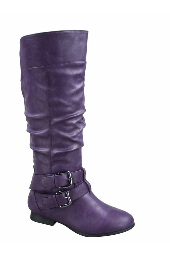 Coco-20 Women's Fashion Buckles Low Heel Round Toe Zipper Knee High Riding Boots ( Purple, 8 )