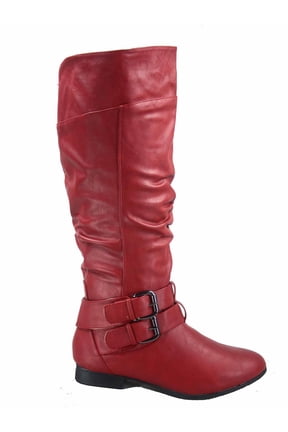 Coco-20 Women's Fashion Buckles Low Heel Round Toe Zipper Knee High Riding Boots ( Red, 9)