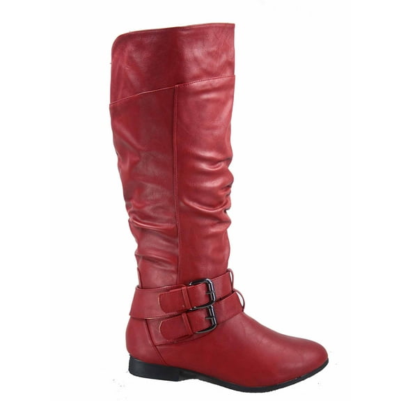 Coco-20 Women's Fashion Buckles Low Heel Round Toe Zipper Knee High Riding Boots ( Red, 9)