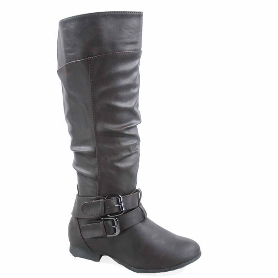 Coco-20 Women's Fashion Buckles Low Heel Round Toe Zipper Knee High Riding Boots