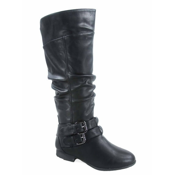 Coco-20 Women's Fashion Buckles Low Heel Round Toe Zipper Knee High Riding Boots