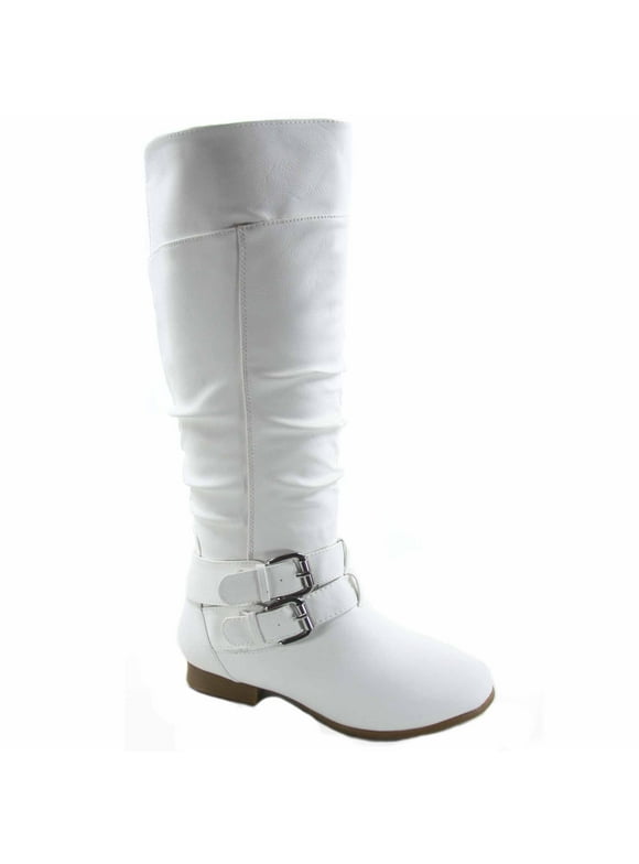 Coco-20 Women's Fashion Buckles Low Heel Round Toe Zipper Knee High Riding Boots