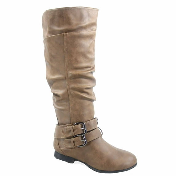 Coco-20 Women's Fashion Buckles Low Heel Round Toe Zipper Knee High Riding Boots