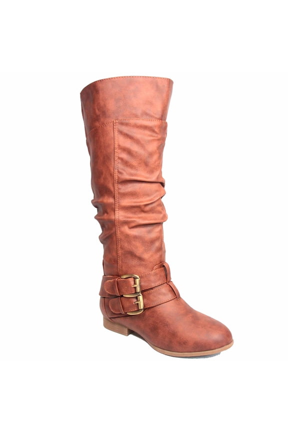 Coco-20 Women's Fashion Buckles Low Heel Round Toe Zipper Knee High Riding Boots