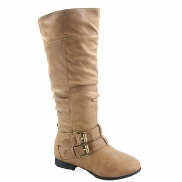Coco-20 Women's Fashion Buckles Low Heel Round Toe Zipper Knee High Riding Boots