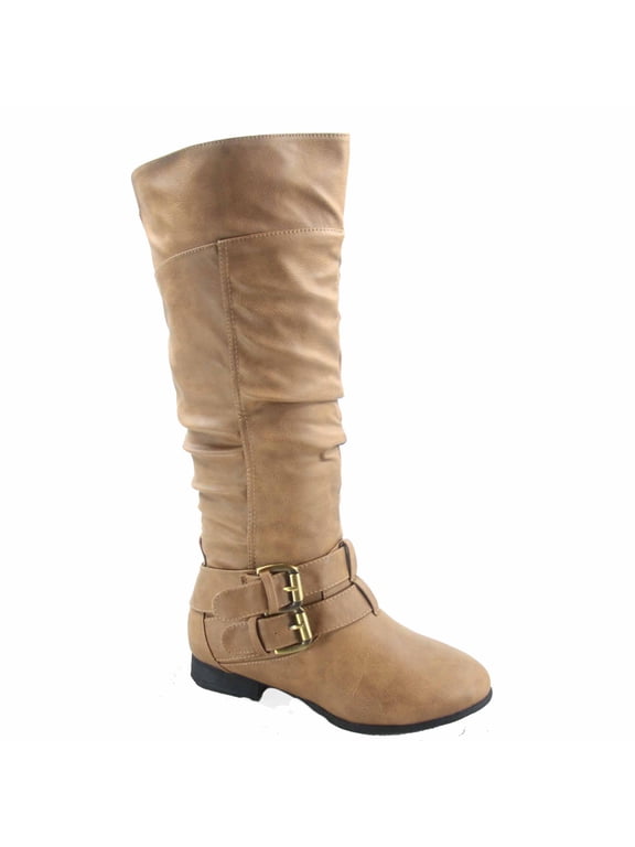 Coco-20 Women's Fashion Buckles Low Heel Round Toe Zipper Knee High Riding Boots