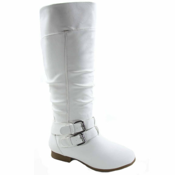 Coco-20 Women's Fashion Buckles Low Heel Round Toe Zipper Knee High Riding Boots