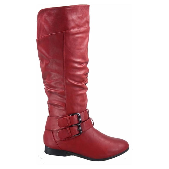 Coco-20 Women's Fashion Buckles Low Heel Round Toe Zipper Knee High Riding Boots