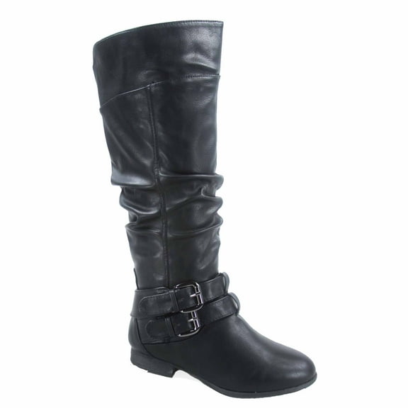 Coco-20 Women's Fashion Buckles Low Heel Round Toe Zipper Knee High Riding Boots