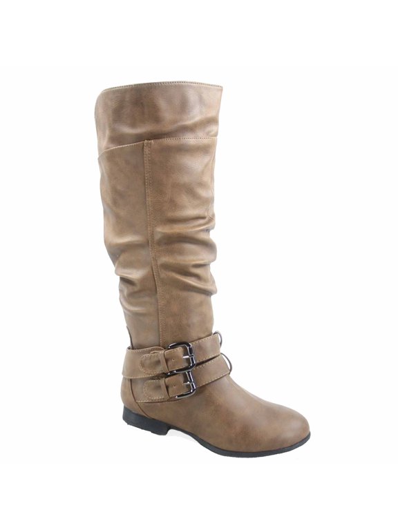 Coco-20 Women's Fashion Buckles Low Heel Round Toe Zipper Knee High Riding Boots