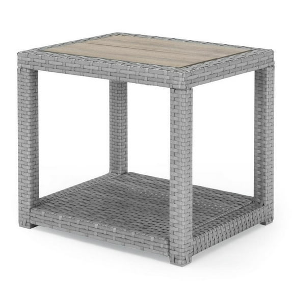 Coco 22 Inch Modern Patio Side Table, Bottom Shelf, Wicker Frame, Gray- Saltoro Sherpi