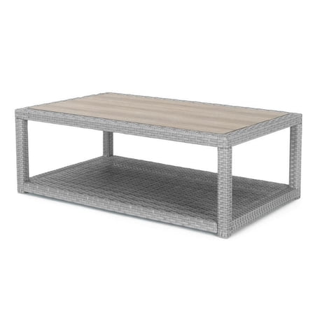 Coco 46 Inch Modern Patio Coffee Table with Shelf, Wicker Frame, Gray- Saltoro Sherpi