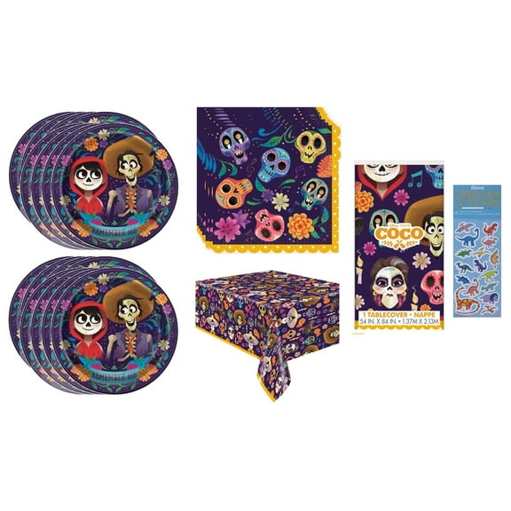 Coco Birthday Party Supplies Bundle includes 16 Lunch Paper Plates, 16 Lunch Paper Napkins, 1 Plastic Table Cover, 1 Dinosaur Sticker Sheet