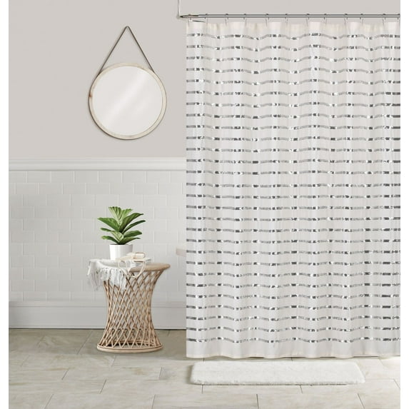 Coco Canvas Fabric Shower Curtain with Metallic Silver Sequins, Off White