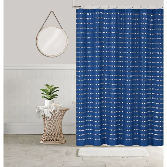 Coco Canvas Fabric Shower Curtain with Metallic Silver Sequins, Royal Blue