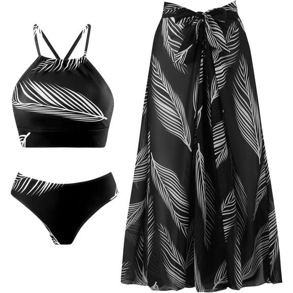 Coco&Chic 3 Piece Women's Retro High Waisted Bikini Set with Cover Up Beach Wrap Skirt