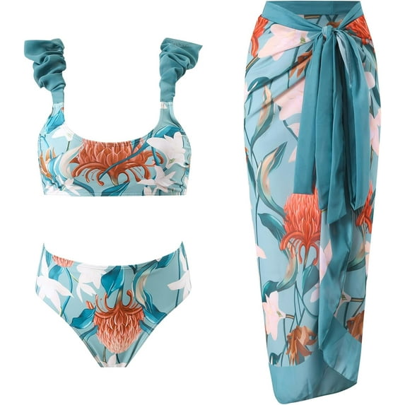 Coco&Chic 3 Piece Women's Retro High Waisted Bikini Set with Cover Up Beach Wrap Skirt