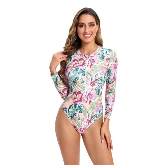 Coco&Chic Digital Print Long Sleeve Zipper Bodysuit Swimsuit for Women