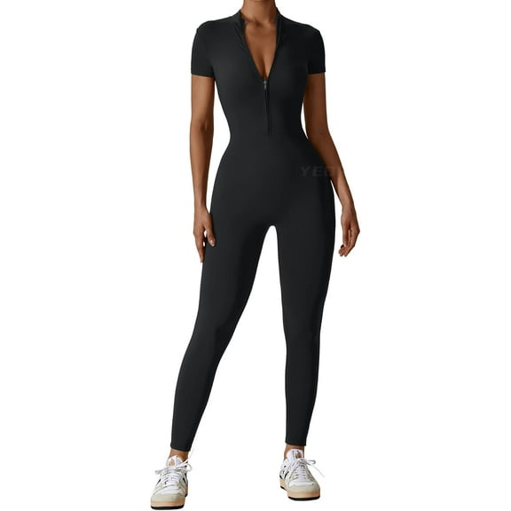 Coco&Chic Women Short Sleeve Workout Jumpsuit Zip Up Romper Bottom Pants Bodysuit Bodycon Sexy One Piece