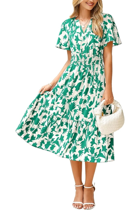 Women's Floral Summer Short Sleeve Midi Dress V Neck Empire Waist Swing Flowy Boho Dress