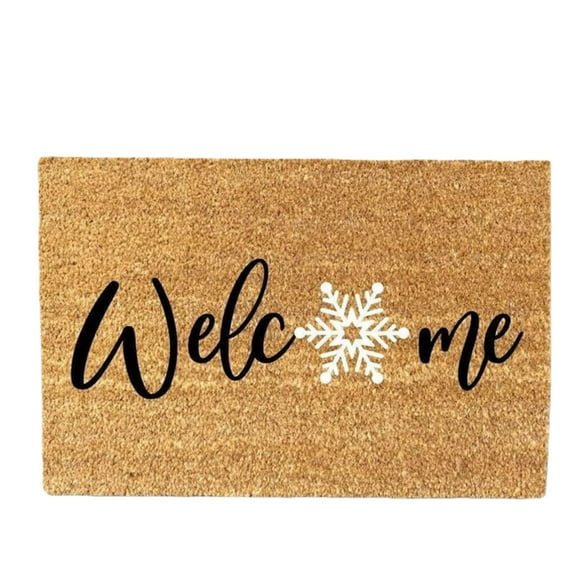 Coco Coir Doormat with Welcome Lettering and Snowflake Print Rectangular Non Slip Entryway Rug for Indoor Outdoor Use