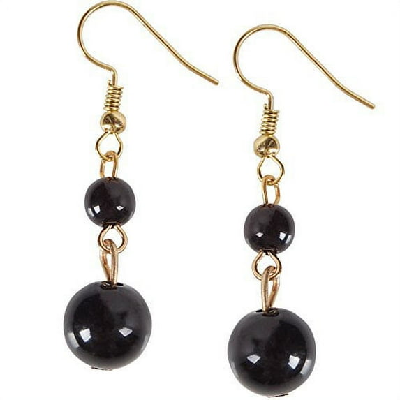 Coco Dangles - Mini Round Beaded Ball Dangling Drop Earrings, Black Double Dangle, Gold-Tone