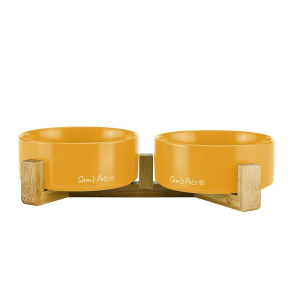 Coco Dual Pet Bowl with Wood Stand 5.11 in Yellow