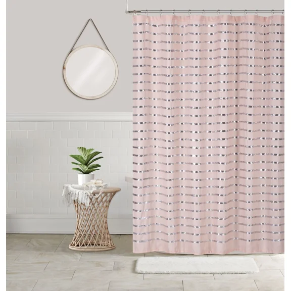 Coco Fabric Shower Curtain with Metallic Silver Sequins, Blush
