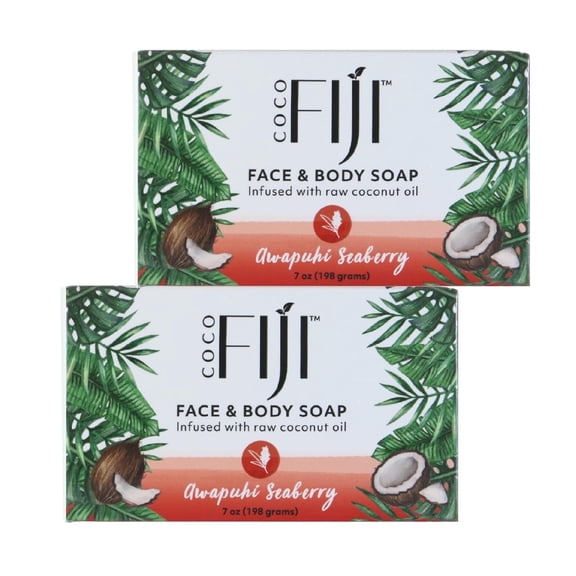 Coco Fiji Soap Bar for Face and Body Infused With Organic Coconut Oil, Awapuhi Seaberry, Essential Oil, Natural Soap for Moisturizing & Pore Purifying Skin, 7 oz, Pack Of 2