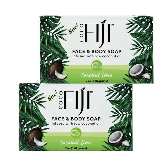 Coco Fiji Soap Bar for Face and Body Infused With Organic Coconut Oil, Coconut Lime, Essential Oil, Natural Soap for Moisturizing & Pore Purifying Skin, 7 oz Pack of 2