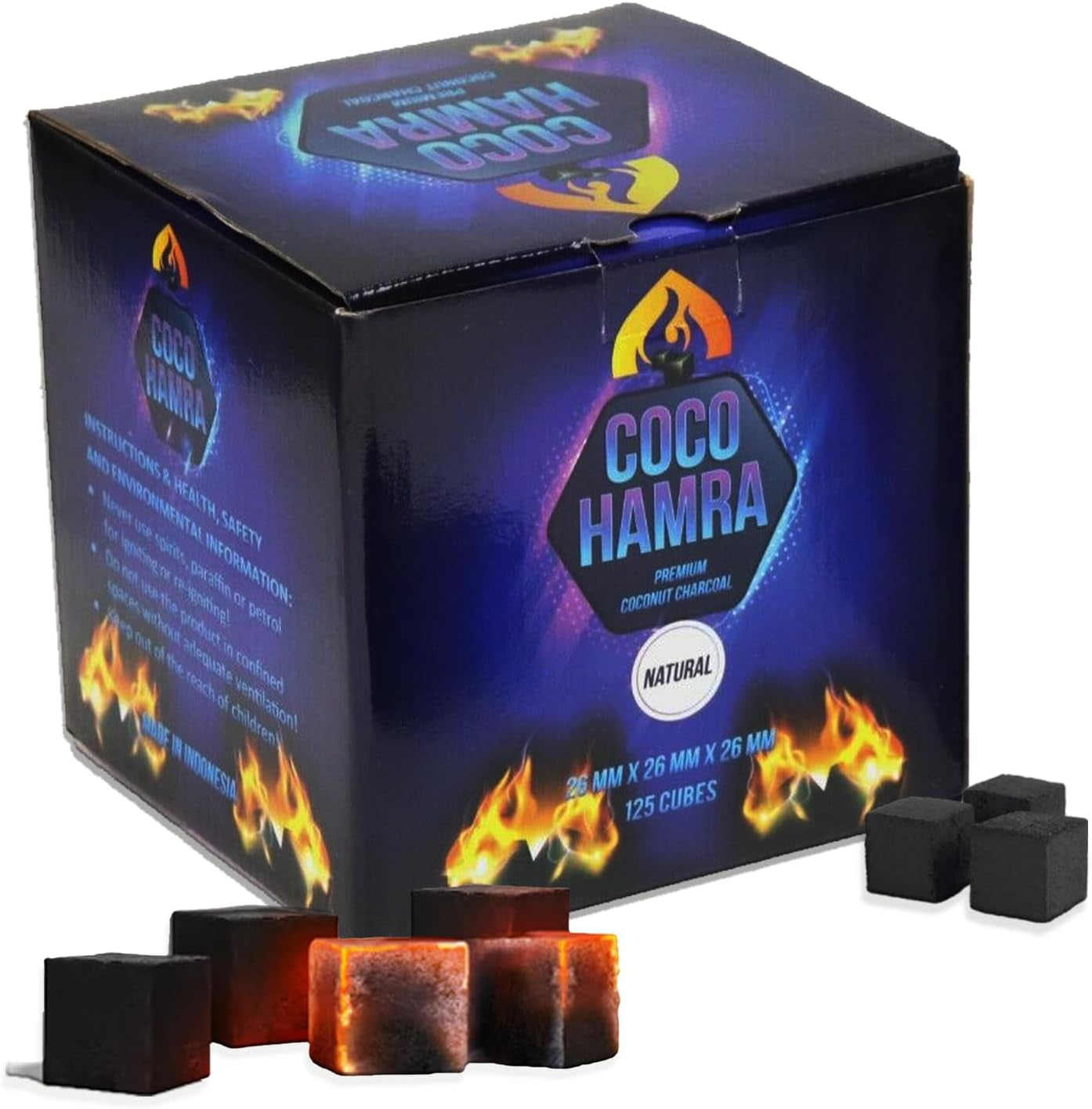 Coco Hamra* Natural Coconut Shell Charcoal Cube- 125 Pcs Multipurpose Coals BBQ - Made from Natural Coconut Incense Briquettes | Made in Indonesia | 26mm Charcoal Incense Cube| 2KG