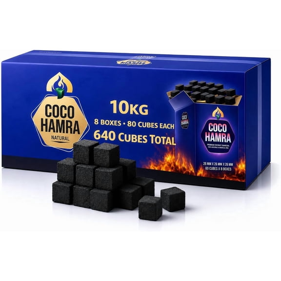 Coco Hamra* Natural Coconut Shell Charcoal Cubes - 6400pcs Coals - Made from Natural Coconut Incense Briquettes | Made in Indonesia | 26mm Charcoal Incense Cubes| Master case 10KG