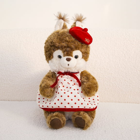 Coco the Hazelnut Squirrel Plush Toy 11", Cute Stuffed Animal in Plaid Dress, Collectible Character Plushie with Beret for Cozy Decor and Unique Gifts(Brown)