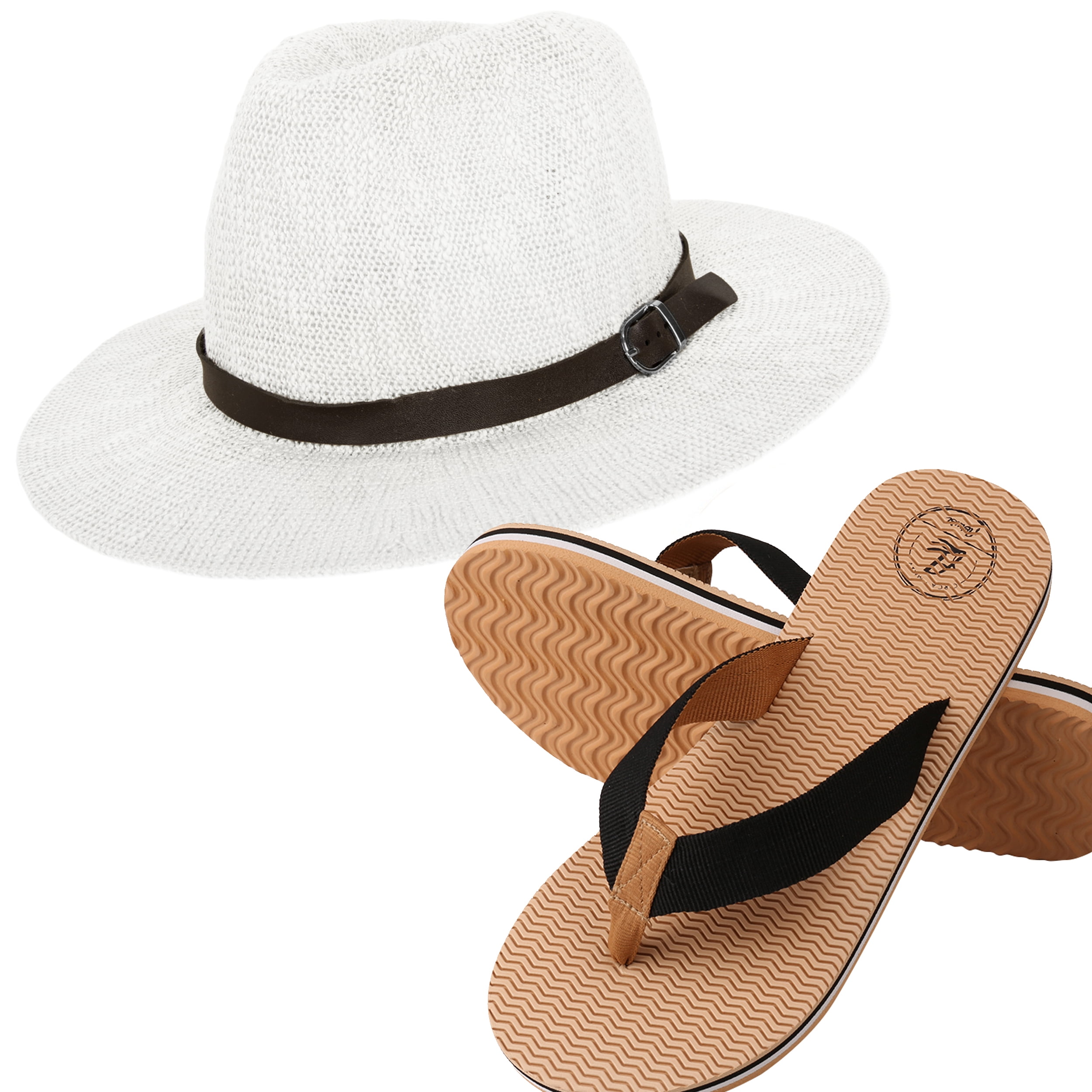 Coco Keys Women's Year Round Floppy Straw Sun Hat and Foam Flip Flop Sandals Set US Women's Shoe Sizes 7-10