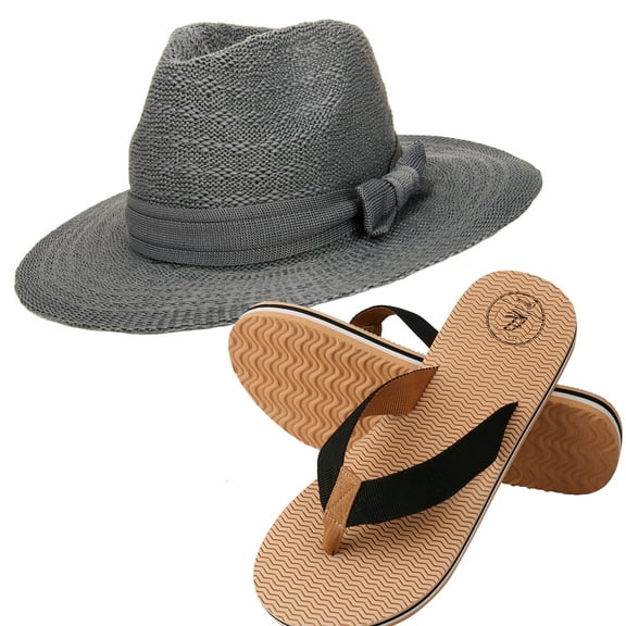 Coco Keys Women's Year Round Floppy Straw Sun Hat and Foam Flip Flop Sandals Set US Women's Shoe Sizes 7-10