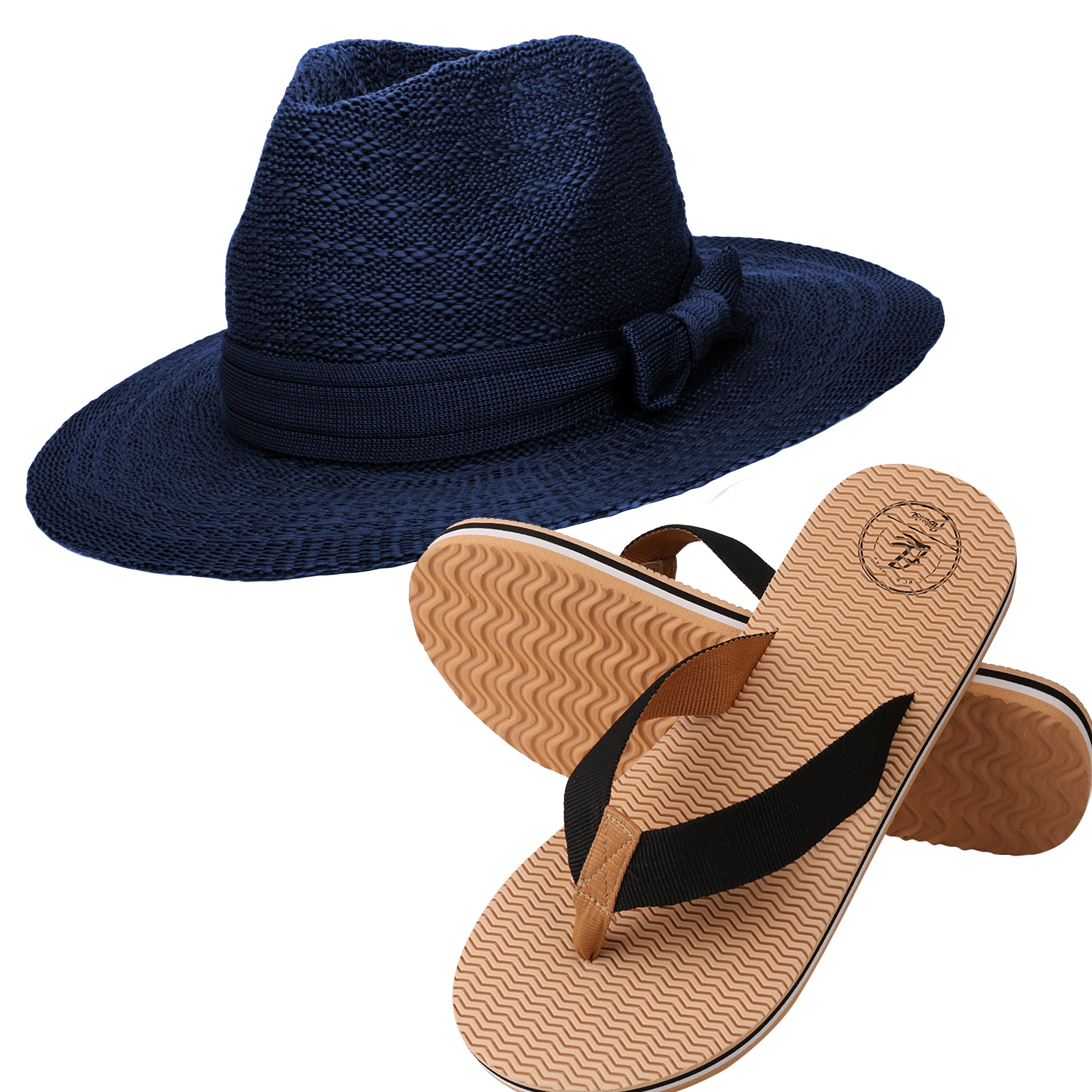 Coco Keys Women's Year Round Floppy Straw Sun Hat and Foam Flip Flop Sandals Set US Women's Shoe Sizes 7-10