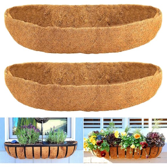 Coco Liners for Planters - 2 Pack 24 Inch Trough Coconut Liners for Planters, Window Box Coco Liners, 100% Natural Coconut Fiber Liners for Wall Hanging Basket, Window Box, Fence Baskets