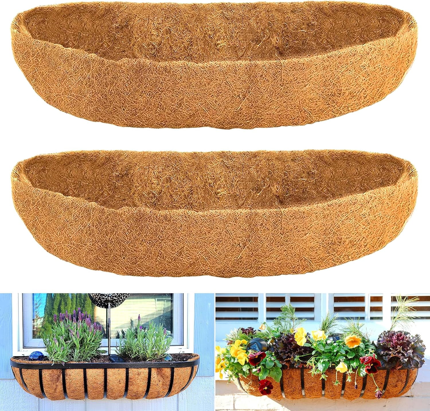 Coco Liners for Planters - 2 Pack 30 Inch Trough Coconut Liners for Planters, Window Box Coco Liners, 100% Natural Coconut Fiber Liners for Wall Hanging Basket, Window Box, Fence Baskets