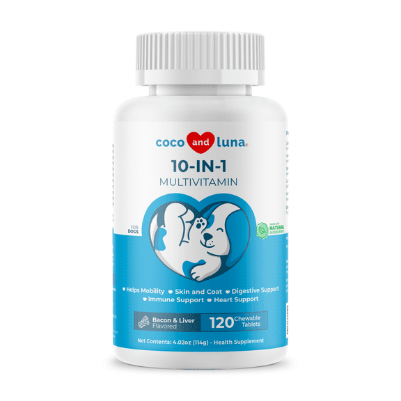 Coco and Luna 10 in 1 Multivitamin for Dogs - 120 Chewable Tablets - Hip and Joint Support with Glucosamine and Chondroitin - Omega Fish Oil & Vitamins with Coq10 for Skin & Heart Health