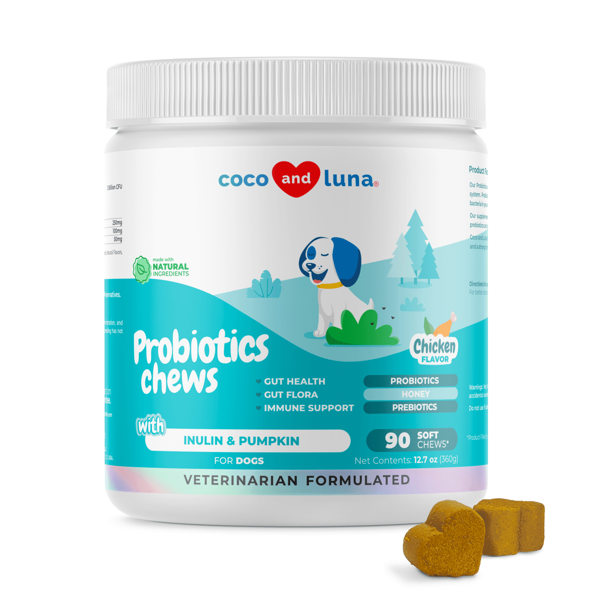 Coco and Luna Probiotics for Dogs - 90 Soft Chews - Diarrhea & Gas Support for Dogs - with Honey, Pumpkin and Prebiotics for Dog Allergies, Bad Dog Breath & Constipation Support