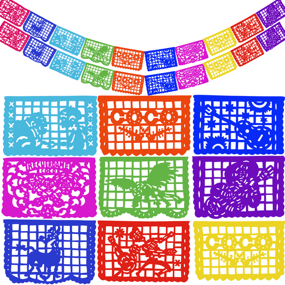 Mexican Papel Picado Party Banners – 30 ft (2-Pack; Plastic, Multicolor) – Coco-Themed Handcrafted Fiesta Decorations for Birthdays, Cinco de Mayo, Day of the Dead