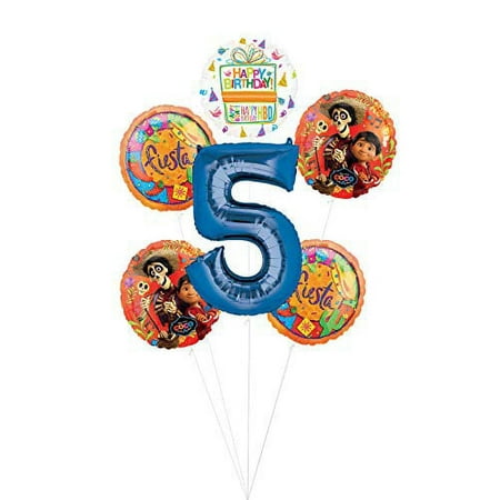 Coco Party Supplies 5th Birthday Fiesta Balloon Bouquet Decorations - Blue Number 5