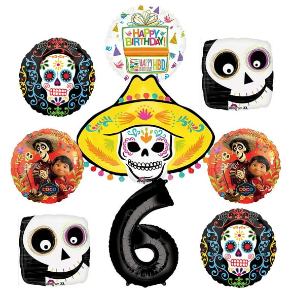 Coco Party Supplies 6th Birthday Balloon Bouquet Decorations 9 pc