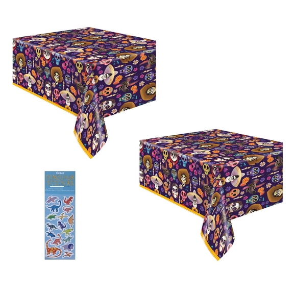 Coco Party Supplies Bundle Pack Includes 2 Plastic Table Covers and 1 Dinosaur Sticker Sheet