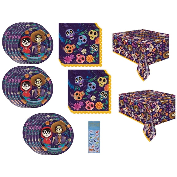 Coco Party Supplies Bundle Pack includes 24 Lunch Plates, 32 Lunch Napkins, 2 Plastic Table Cover