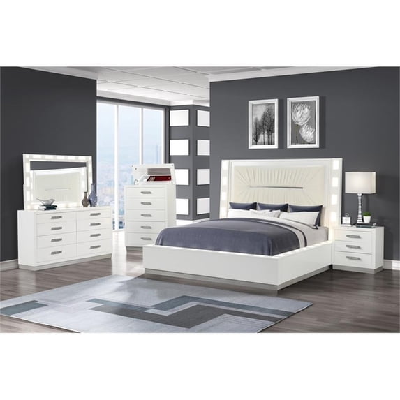 Coco Queen 5 Pc LED Bedroom Set Made with Wood in Milky White