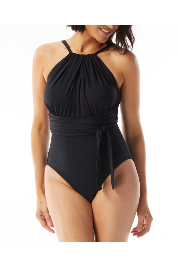 BLACK Contours Belted High-Neck One-Piece Swimsuit, US 14/38C
