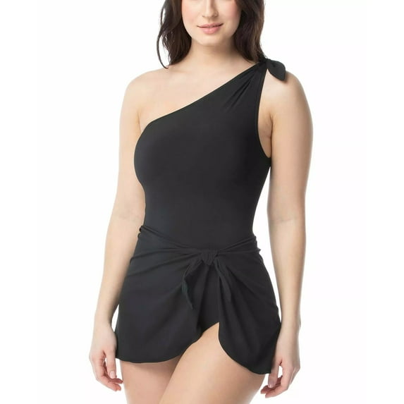 Coco Reef BLACK Rosaline One-Shoulder Tummy-Control Sarong Swim Dress, US 10/34C