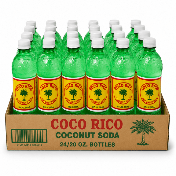 Coco Rico Coconut Soda, 20 fl oz Plastic Bottles, 24 Pack Tropical Soft Drink