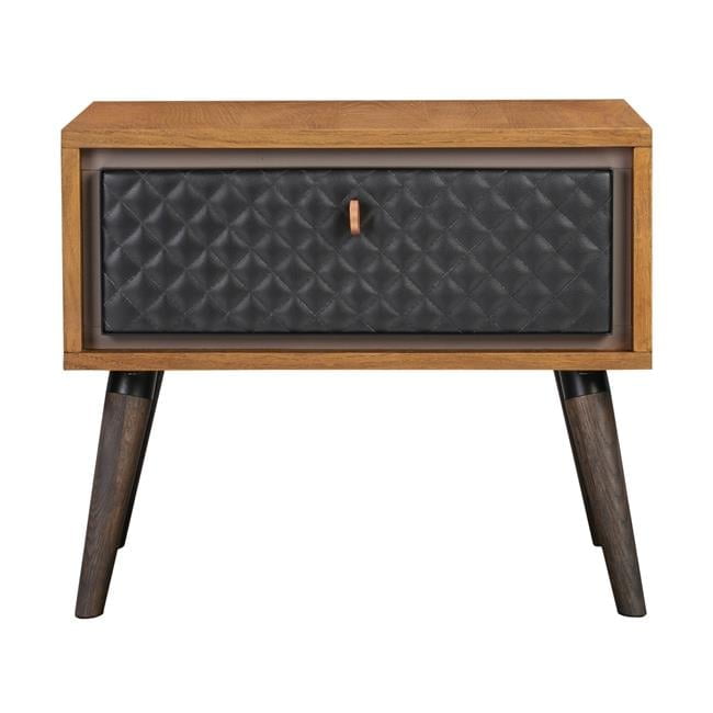 Rustic Oak & Black Leather Tufted 1-Drawer Nightstand